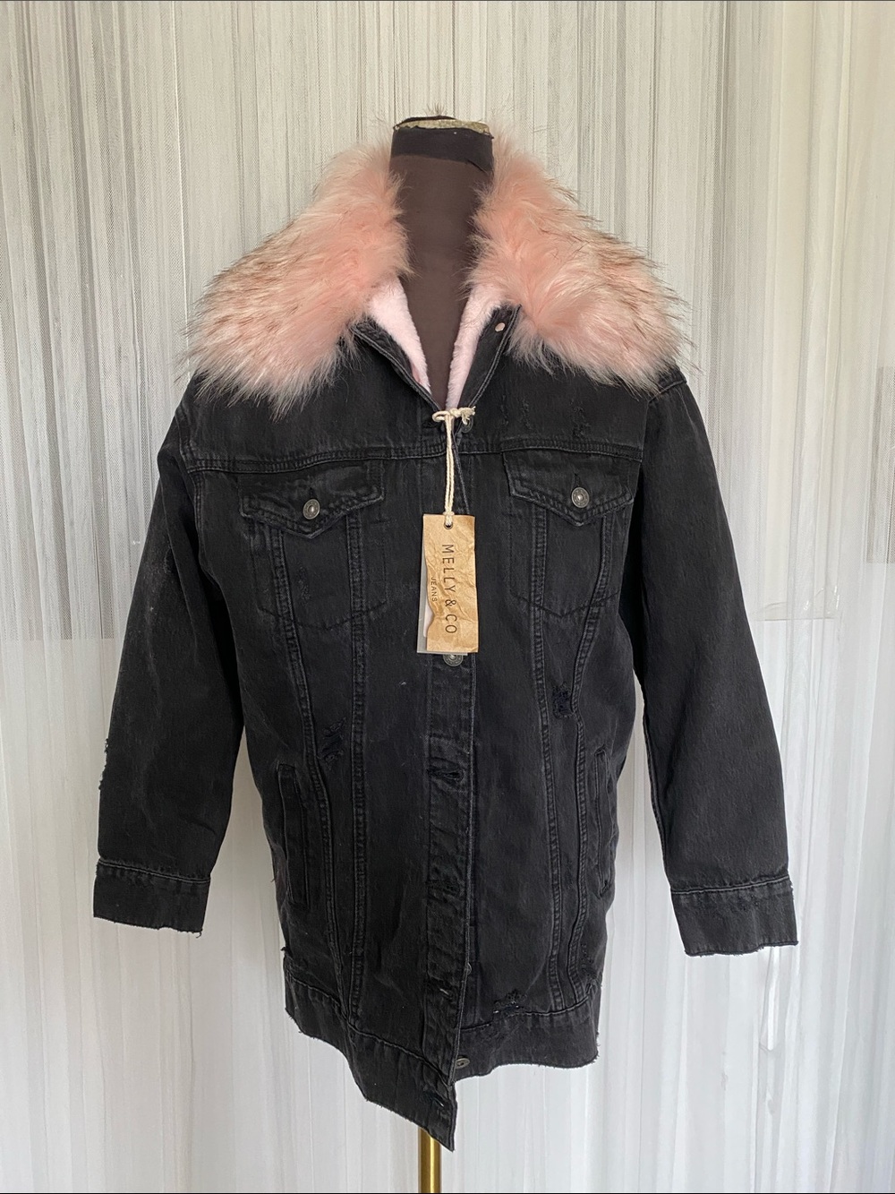 Black Denim Distressed Jacket with Detachable Pink Faux Fur Collar & Lining Med